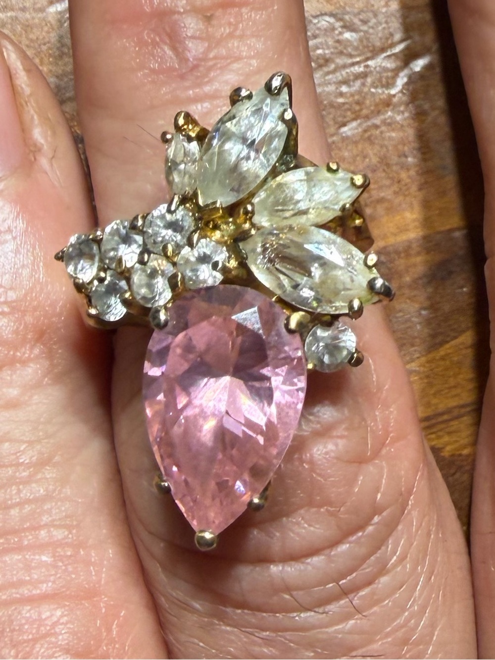 Farah Fawcett 925 Sterling Silver Gold Plated Pink Topaz Cubic zirconia Ring 6
